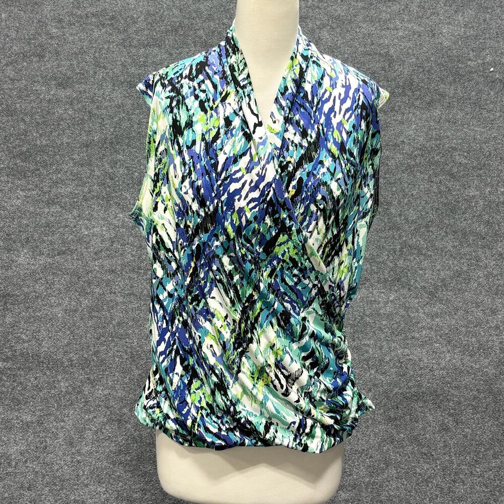 Jon Den Blouse Womens XL White Multicolor Abstract V Neck Sleeveless Stretch Top